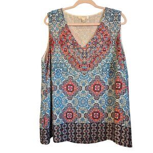 Kenar Womens Sleeveless Boho Print V-Neck Top Size 2X Multicolor Lightweight